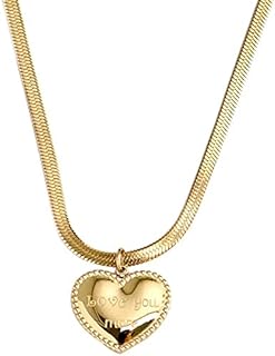 Heart Pendant Necklace, Snake Bone Chain, Herringbone Women's Necklace, Titanium Steel Plated 14K Gold