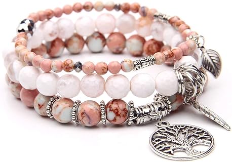 Tree of Life Turquoise Jasper & Tibetan Agate Gemstone Beaded Bracelet with Alloy Bead Chain and Beach Charm - Diverse Usage Ocean Jewelry Set