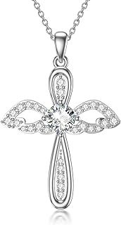 Rolo Chain 18K Gold Plated Sterling Silver Moissanite Angel Wings Cross Pendant Necklace for Women, Heartfelt Christian Jewelry Gift for Wife, Mother, Daughter