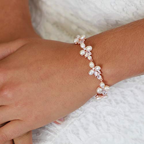 Freshwater Pearl Rose Gold Bridal Bracelet, 7 1/8" Plus 1/2" Extender, Wedding Jewelry for Women