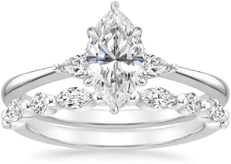Classic 3-Stone Marquise Cut Moissanite Engagement Ring in Sterling Silver for Women, Handmade Bridal Wedding Set