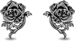 Push-Back Black Diamond Maleficent Rose Stud Earrings in Black Rhodium Sterling Silver - Jewelili Enchanted Disney Fine Jewelry for Women - Dark Glamour Design