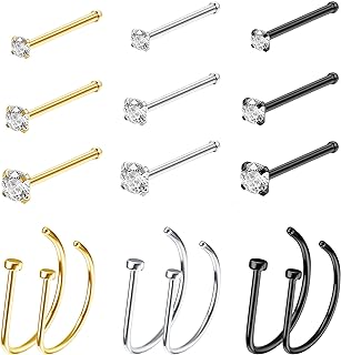 20G D-Shaped Nose Ring Set for Men and Women by Thunaraz | 15 Pieces Hypoallergenic Stainless Steel Nose Studs with Cubic Zirconia | Suitable for Multiple Piercing Types