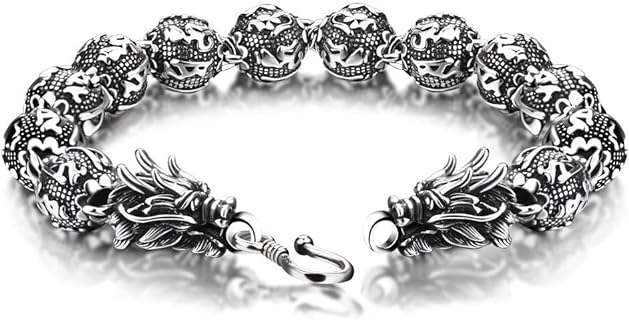 11mm Sterling Silver Bead Bracelet with Dragon Chain Design for Men