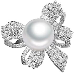 Elegant Bow Knot Pearl Rings for Women Girls Rhinestone CZ Crystal Butterfly Tie Open Statement Ring Promise Engagement Rings Anniversary Wedding Band Jewelry Gifts