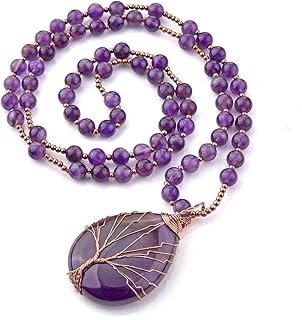 Jovivi Collier Améthyste avec Pendentif Arbre de la Vie en Cuivre, 71cm, Perles 6mm, Idéal pour Méditation et Bien-être des Femmes, Cadeau Parfait avec Boîte-Cadeau