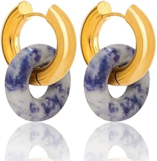 Hoop Earrings, Chic Thick Cute Gold-Plated Hammered Donuts, Stainless Steel Natural Stone Multicolor Chunky Big Round Tube, Clear Colorful Circle Small Lightweight Huggies Jewelry for Sensitive Women