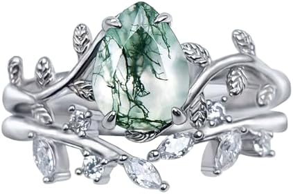 Wasee Natural Moss Agate Ring Set 925 Sterling Silver Green Moss Agate Engagement Ring Leaf Wedding Promise Ring Jewelry Gifts for Women