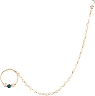 I Jewels 18k Gold Plated Indian Wedding Bollywoo Ethnic Bridal Nose Ring/Nath without piercing with Pearl Chain Encased with Pearl Stone for Women/Girls (NL43)