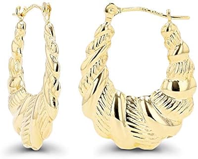 14K Gold Polished & Textured Twisted Shrimp Hoop Earrings For Women | 2.60x21mm Hoops | Earrings For Sensitive Ears | Solid Gold Earrings For Women