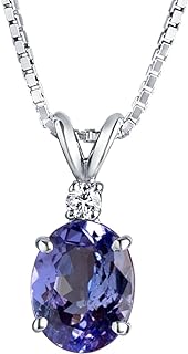 Spring Ring Clasp Tanzanite Pendant Necklace with Box Chain - Genuine 14K White Gold, Diamond Accented for Women - Elegant Oval Shape, AAA Grade, 2 Carats