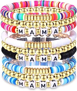9 Pack MAMA Heishi Bracelet Set Stackable Heishi Clay Beaded Stretch Bracelet Preppy Jewelry Thanksgiving Gifts for Mother
