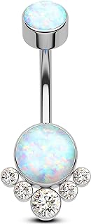 Women's Hypoallergenic G23 Titanium Belly Button Ring with Cubic-Zirconia Gem Cluster & Opal Design - COCHARM 14g Navel Piercing Jewelry