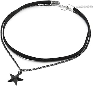 COOLSTEELANDBEYOND Two-Rows Choker Necklace with Black Chain and Pentagram Star Charm Pendant, Ladies Womens