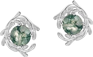 Michooyel Women's Moss Agate Stud Earrings with Push Back, Sterling Silver Material, Unique Leaf Design
