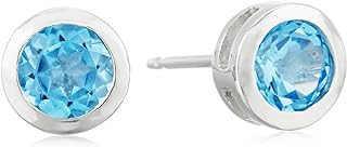 Amazon Collection Sterling Silver Genuine Swiss Blue Topaz 5mm Bezel Set December Birthstone Stud Earrings