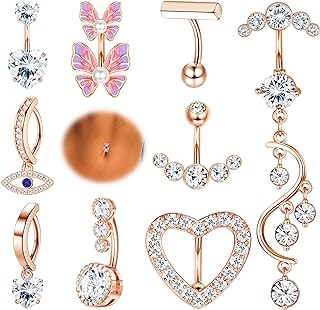 FIBO STEEL 14G Belly Button Rings for Women 316L Surgical Steel Dangle Belly Rings CZ Butterfly Evil Eye Curved Reverse Navel Rings Barbell Belly Piercing Jewelry