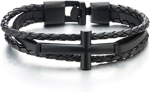 COOLSTEELANDBEYOND Black Horizontal Sideway Lateral Cross Brown Braided Leather Bangle Bracelet for Men Women Wristband
