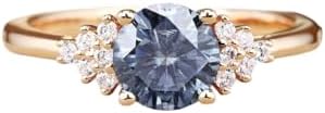6.5mm3ct Round Blue Grey Moissanite Engagement Rings For Women14K Yellow Gold PLATED Art Deco Bridal Ring Cluster Wedding Promise HANDMADE Ring SIZE 7US, WHITE