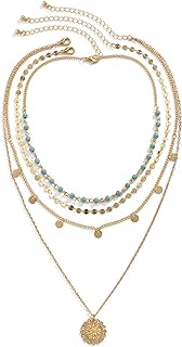 Layered Turquoise Necklaces For Women Grisl Gold Turquoise Coin Pendant Layered Necklaces Chain Glitter Bohemia Sequin Tassel Long Necklace Beach Chain Jewelry Adjustable (Turquoise Coin)
