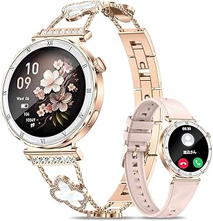 Bunny KachuのChampagne Gold女性用スマートウォッチ、1.19インチAMOLED、2種ベルト、IP68防水。ビジネスから運動まで幅広く活躍