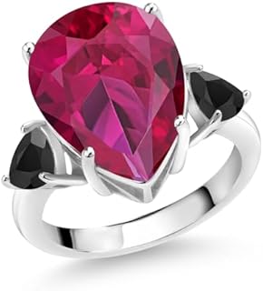 Stunning Sterling Silver Red Ruby & Black Onyx Pear-Shaped Women's Engagement Ring – Gem Stone King - Perfect July Birthstone Gift