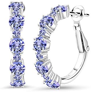 Women's 925 Sterling Silver Blue Tanzanite Round-Cut Hoop Earrings with Lever Back Closure, Gemstone Birthstone Design - 1 Inch Diameter, 3.32 Cttw