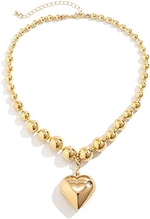 Gold Cable Chain Zinc Heart Choker Necklace for Women and Girls, Chunky Puffy Heart Design, 18.4 Inches