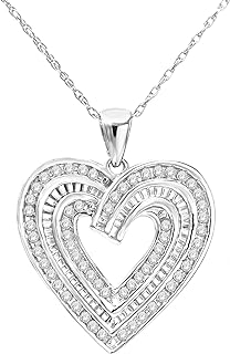 Spring Ring Clasp Diamond 1/2 Cttw Heart Pendant Necklace in Rhodium Plated Sterling Silver with Cable Chain for Women, Heart Design