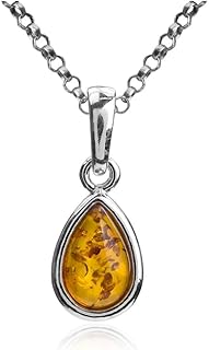 Amber Sterling Silver Teardrop Pendant Necklace 18 Inches