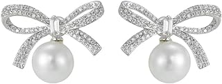 Elegant Women's Silver Cubic Zirconia Embellished Bow and Pearl Stud Earrings with Latch Back Design