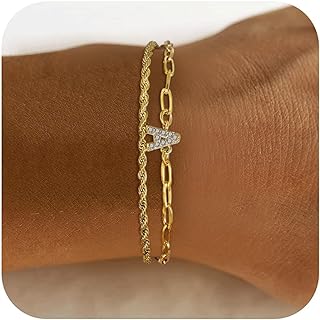 Gold Initial Bracelets for Women - 14K Gold Plated Layered Initial Bracelet Bangle,Adjustable Dainty Letter A-Z Chain Trendy Jewelry for Teen Girls,Christmas Mother's Gift for Her Mom Girlfriend