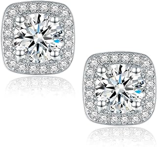 2CT Moissanite Stud Earrings, Halo Square DF Color Ideal Cut Lab Created Diamond 18K White Gold Plated Earrings for Women with Certificate of Authenticity