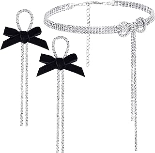 PAGOW 3pcs Rhinestone Silver Necklace Choker, Sparkly Crystal Bling Black Bowknot Earring Pendant Set Diamond Chain Nightclub Wedding Brithday Party Valentine Jewelry Gift for Women Girl