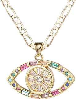 Evil Eye Necklace for Women 14K Gold Plated White Color Cubic Zirconia Inlay Evil Eye Pendant Necklace 3mm Figaro Chain Necklace 18/22 inches