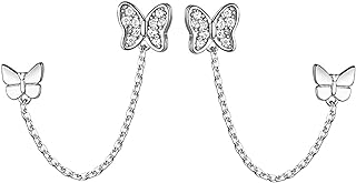 Reffeer Solid 925 Sterling Silver Double Holes CZ Butterfly Chain Stud Earrings Two Butterfly Cuff Climber Earrings for Women Teen