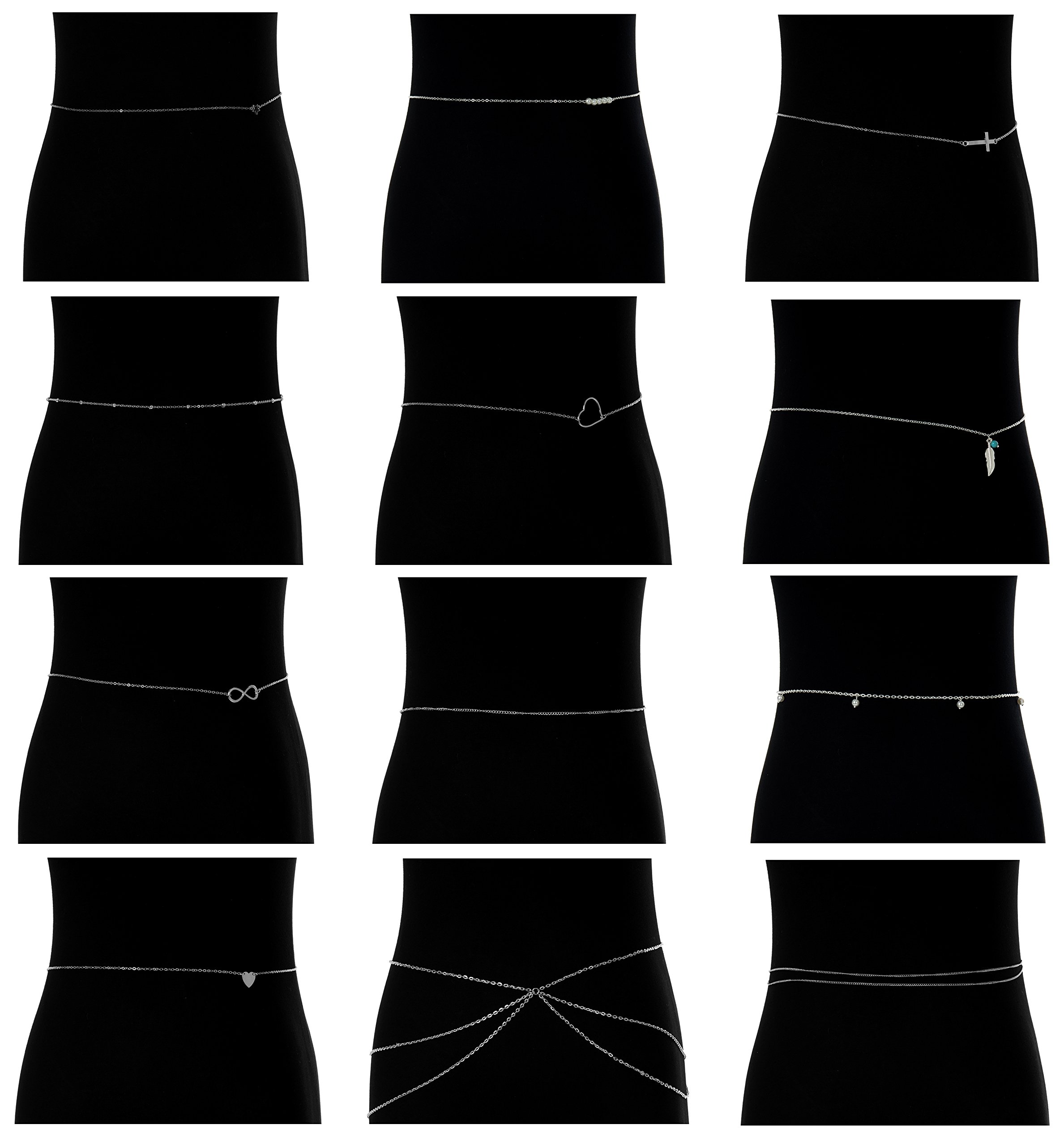 12Pcs Sterling Silver Women's Waist Belt Belly Chains with Lobster-claw Clasp, Alluring Beach and Casual Jewelry Collection