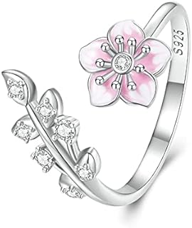 Pink Cherry Blossoms Open Adjustable Ring S925 Sterling Silver Hypoallergenic CZ Crystal Wedding Rings Promise Love Engagement Statement Cubic Zirconia Flower Jewelry Gift for Women Girls Bff Birthday