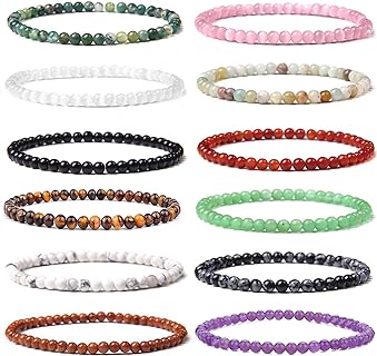 12Pcs 4mm 6mm 8mm Gemstones Bracelets for Women Men Semi Precious Healing Crystal Stone Stretch Round Beaded Bracelet Handmade Energy Bracelets adjustable