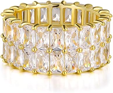 18K Gold Plated Cubic Zirconia Iced Out Wedding Rings, OPOMOMO Eternity Band for Women/Men with Emerald Cut Lab Diamonds, White Gold Plated Brass Design