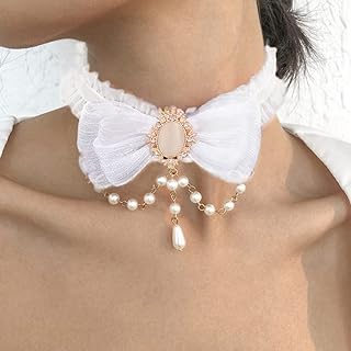 Xerling Gothic Black Bow Tie Necklaces for Women Girls Lace Choker Necklace Beaded Moon Pendant Necklace for Halloween Black Gem Chain Bow-knot Necklace