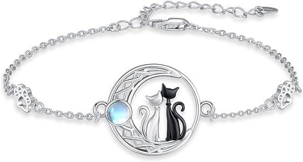 Sterling Silver Black Cat and Moonstone Crescent Bracelet - 925 Silver Animal-Themed Jewelry for Women and Girls, Ideal Mother's Day and Sister Gift