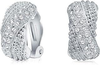 Bridal Prom Criss Cross Twisted Row Pave Crystal Dome Half Hoop Clip On Earrings Non Pierced Ears Silver Plated Brass