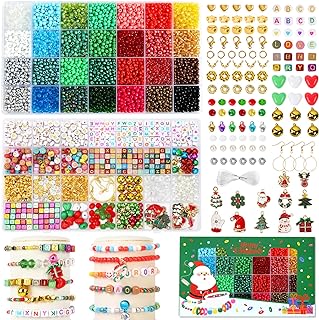 QUEFE 6400pcs 4mm Christmas Glass Seed Beads for Jewelry Making, 28 Colors Small Glass Beads for Bracelets, Friendship Bracelet Kit with Alphabet Letter Beads & Bells for DIY, Art and Craft