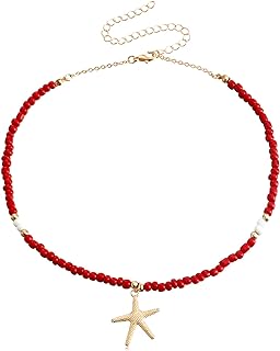 Boho Agate Gem Shell Pendant Necklace on Ball Chain with Lobster Clasp for Women and Girls - Starfish Design Summer Beach Jewelry