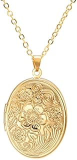 Vintage Engraved Flower Empaistic Photo Locket Hold Picture Oval Round Pendant Necklace Antique Carved Pattern Souvenir Memorial Clavicle Jewelry for Women