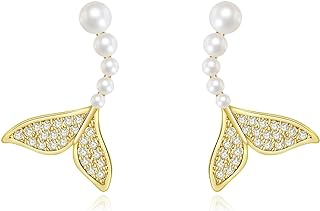 18K Gold Plated Koi Fish Tail Pearl Drop Earrings with Latch Back for Women, Hypoallergenic Yellow Gold and Stainless Steel Whale Tail Design