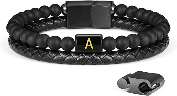 Layered Leather Beads Initial Bracelets for Men, Braided Leather Natural Stone Bracelets for Men with Magnetic Clasp Mens Leather Beaded Bracelets with 26 Initials Stress Anxiety Relief Gifts for Men