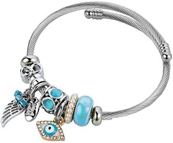 Expandable Angel Wing Cuff Bracelet with Evil Eye Charm and Blue Murano Glass for Women and Girls