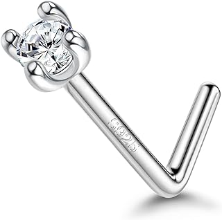 Jewenova Moissanite Nose Studs D Color Nose Ring 2mm/0.03CT Cut Lab Created Diamond L Shaped Nose Studs 925 Sterling Silver Nose Studs 18G/1mm Nose Piercing Studs for Women